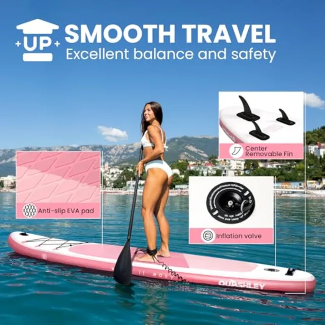 All Around Inflatable Stand Up Paddle Board for Beginners 34 Inch Wide Durable PVC Material Blue/Gray Lightweight Portable with