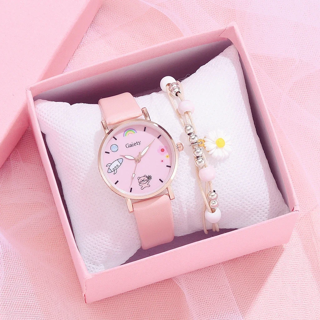 

2pcs Set Women Bracelet Watch Fashion Kids Pink Cartoon Pattern Girls Watch Lovely Leather New Ladies Clock Students Gift