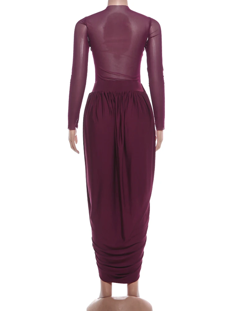 Nibber Splits Hem Dress Woman Mesh Patchwork o-Neck Full Sleeve Irregular Ruched Midnight Prom Party Elegant Skinny Vestidos