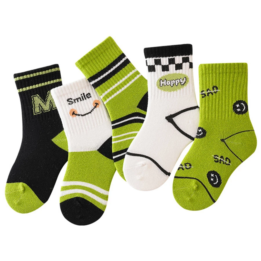 5 Pairs/Lot Children's Socks Autumn Winter Green Letters Korean ins Style Boys And Girls Socks Casual Comfortable Kids