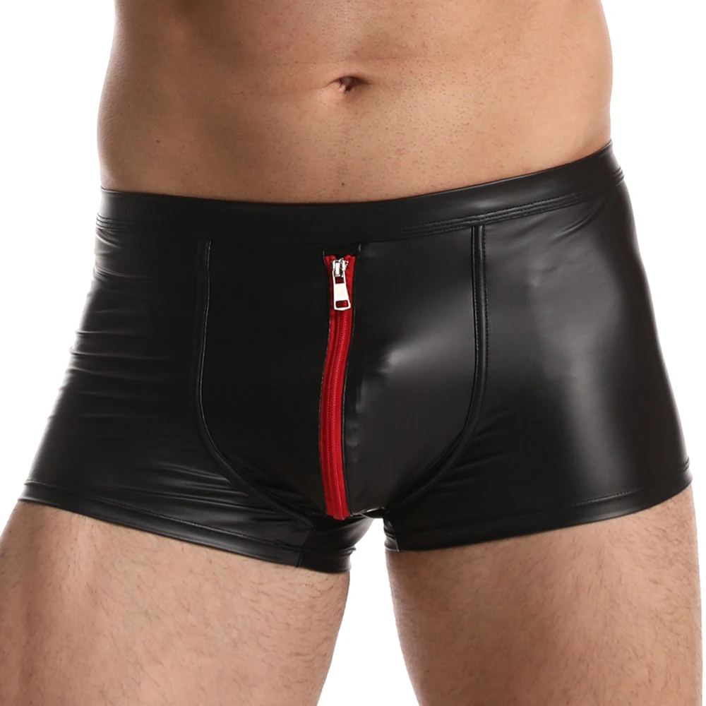 Zipper Boxer Men's Panties Sexy Leather Shorts Bulge Pouch Underpants Gay Hot Mens Underwear Soft Slip Briefs Male Causal Wear
