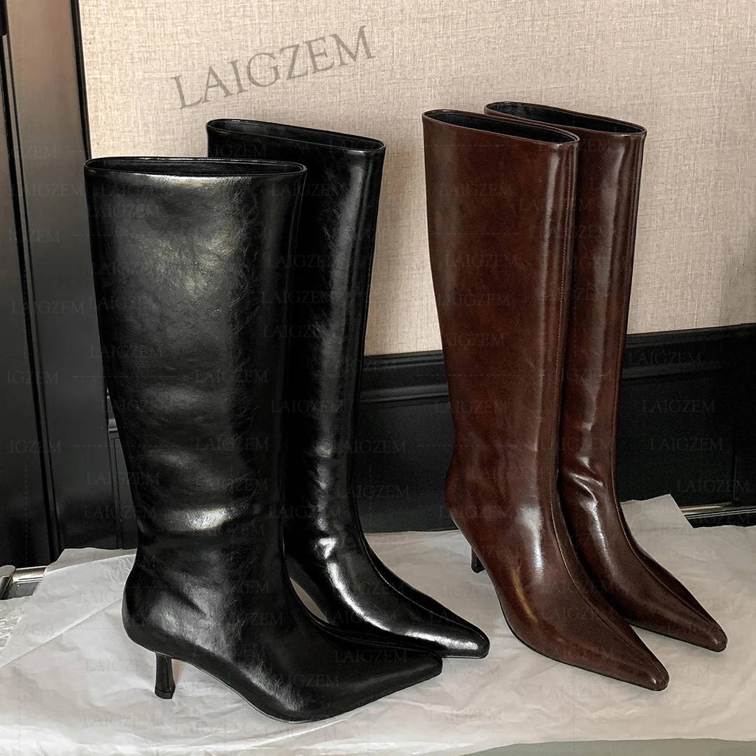 Women Knee High Boots Leather Pull On 6.5CM Thin High Heels