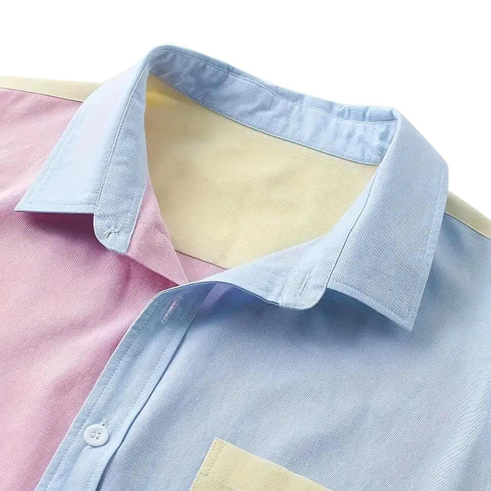 Spring And Summer Shirt Candy Color Contrast Top Lapel Short Sleeve Men's Casual Daily Street Wear Women cotton shirt men casual shirt