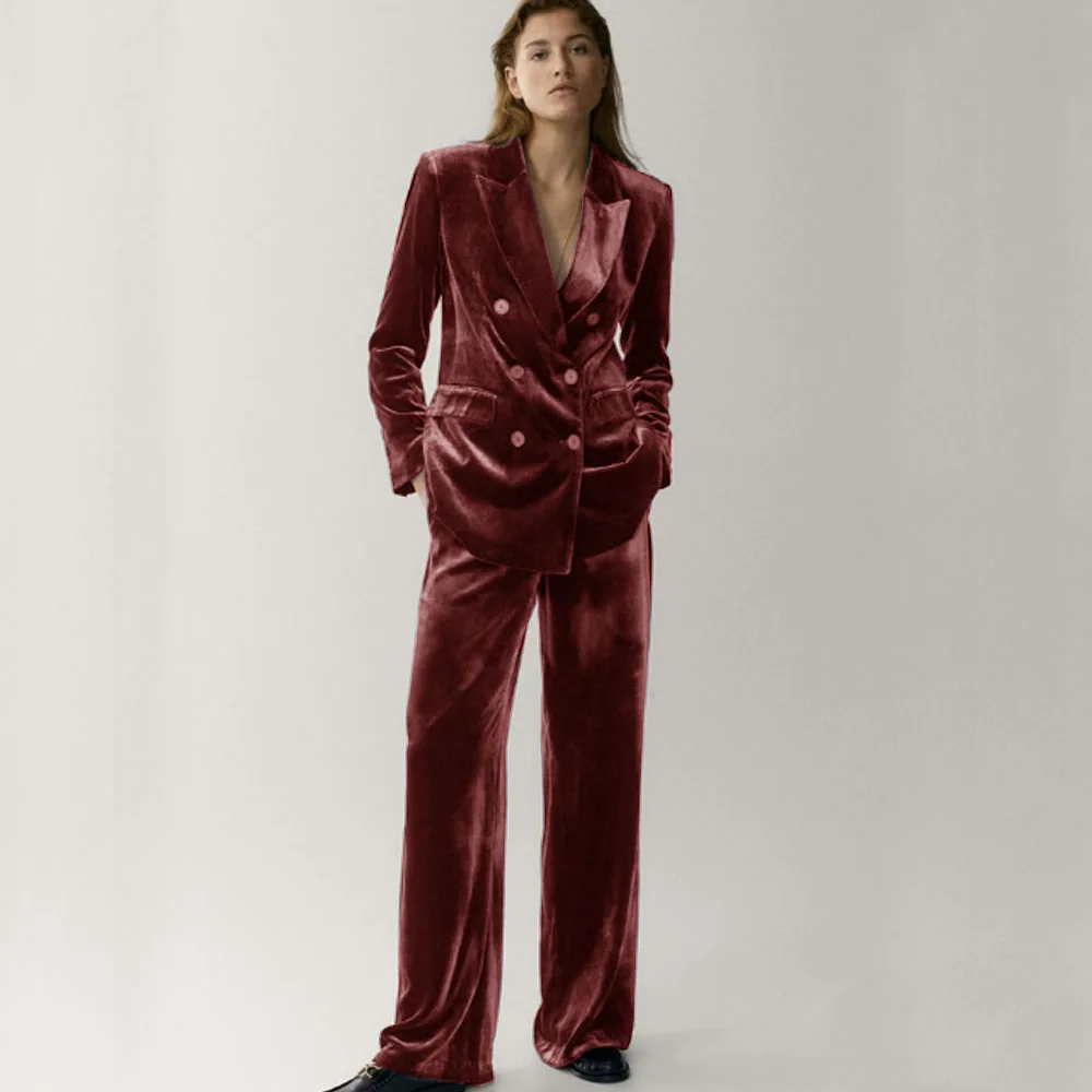 Women's Velveteen Suit Chic and Elegant Woman Set Double Breasted ,2-piece Set (Jacket + Pants) Fashion Suits Standard Collar