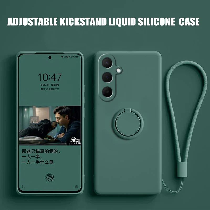 Enhanced Solid Color Silicone Phone Case with Finger Ring Stand Holder and Lens Protection