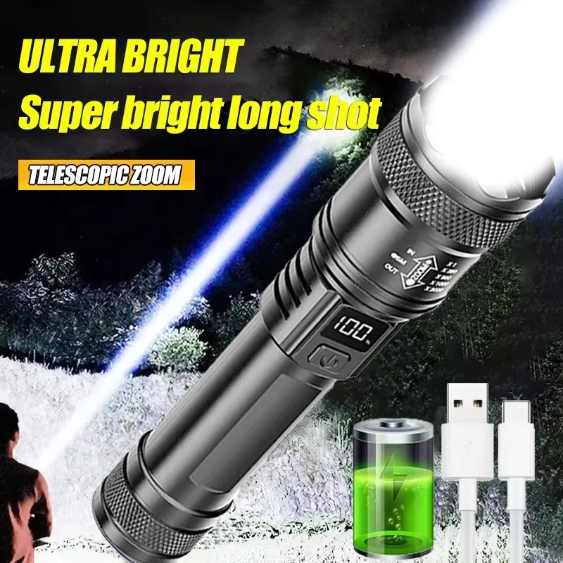 고출력 LED 손전등 100만 루멘 전술 토치 디스플레이 라이트 포함 USB 충전 캠핑 낚시 비상용 줌 랜턴