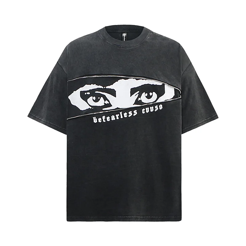 

Men's Fashion Vintage Hip Hop T Shirts High Street Printed Y2K Tees Summer Short Sleeve Washed Retro Tops Zipper Decoration