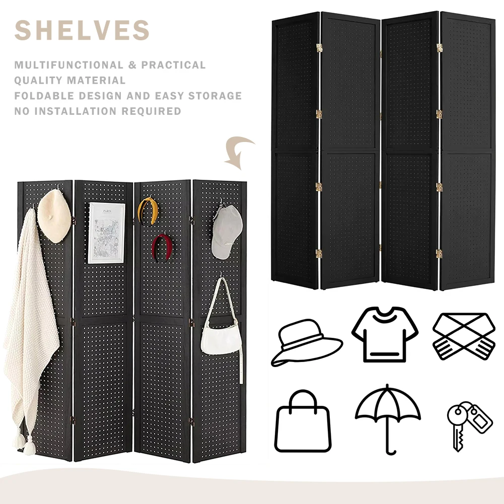4 Panel Wooden Portable Freestanding Wall Organizer Folding Freebstanding Pegboard Room Divider Display for Crafts Jewelry Cloth