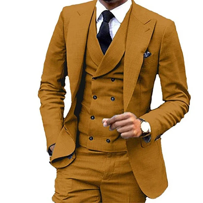 Men Suit One Button Lapel Double Breasted Slim 3 Piece Fit Casual Business Dress Suits For Wedding Tuxedo Coat Vest With Pants