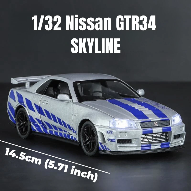 1/32 닛산 스카이라인 GTR 장난감 자동차 모델, 다이캐스트 레이싱 미니어처 모델, 사운드 및 라이트 풀백 컬렉션 선물, 어린이 소년