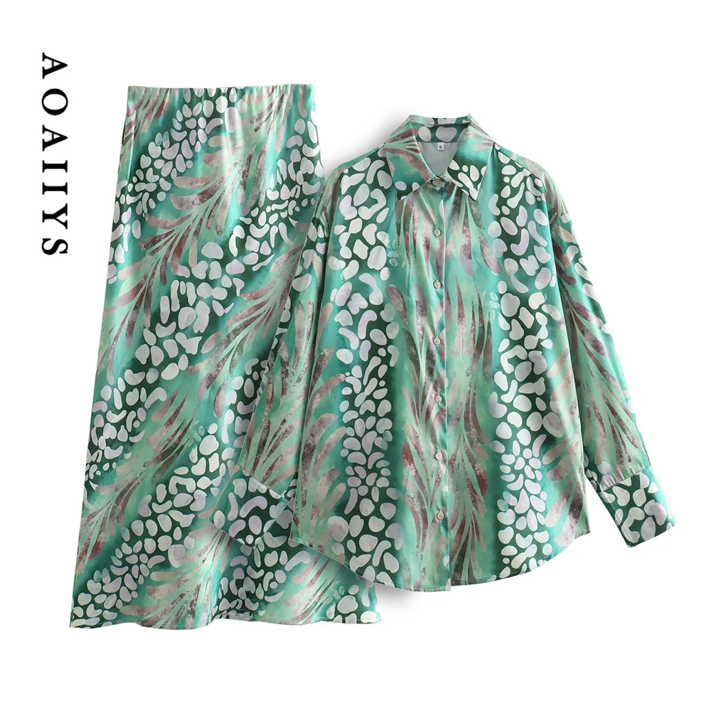 Aoaiiile-Ensemble-jupe-en-satin-pour-femme-chemise-manches-longues-imprim-vert-jupes-A-Line 