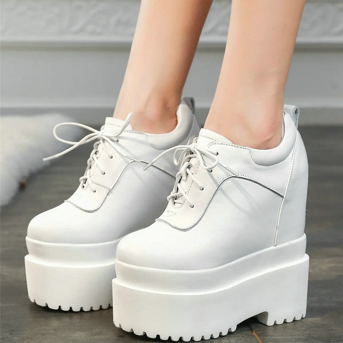 

Wedges Platform Ankle Boots Women Lace Up Genuine Leather Super High Heels Pumps Female Round Toe Fashion Sneakers Casual Shoes