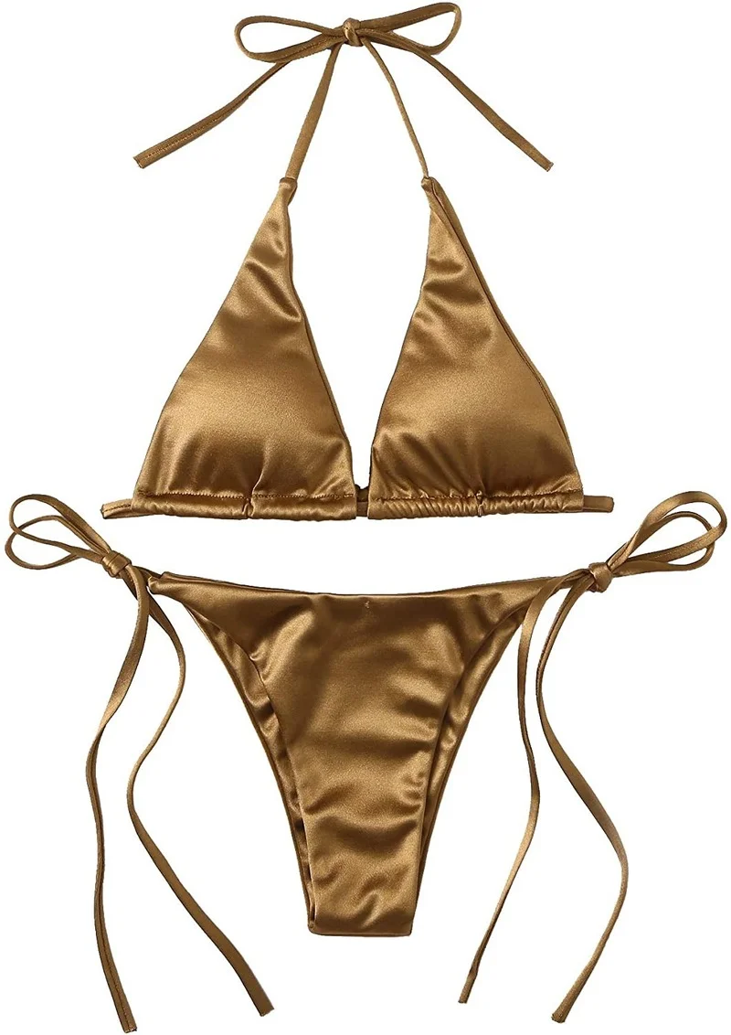 

Sexy Women's Metallic Halter Top Two Piece Swimsuit Tie Side Triangle Bikini Summer Solid Bathing Suit Beachwear Bikini Set