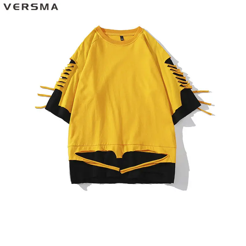 

VERSMA Korean Stylish Harajuku BF Ripped Oversized T-shirt Men Summer Gothic Punk Rock Fake Two Piece T Shirt Women Dropshipping