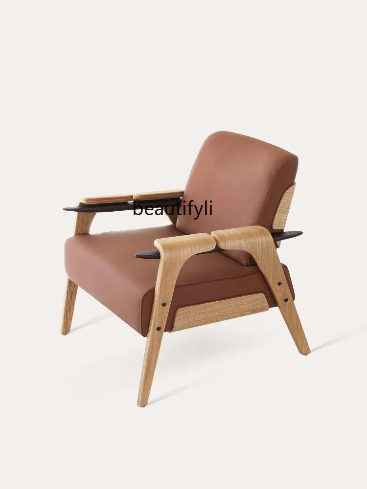 

Italian Leather Sofa Creative Dining Chair Living Room Balcony Reading Single Wooden Lounge Chair
