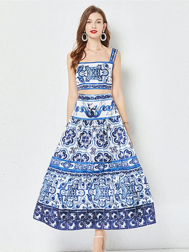 

2023 Runway Vacation Blue And White Porcelain Two Piece Set Women Flower Print Short Crop Top + Holiday Beach Maxi Skirt Suits