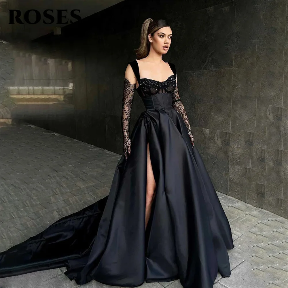 

ROSES Spaghetti Strap Black Prom Dresses Side Split A Line вечерние платья Lace Sweetheart Party Dresses Stain Evening Dresses