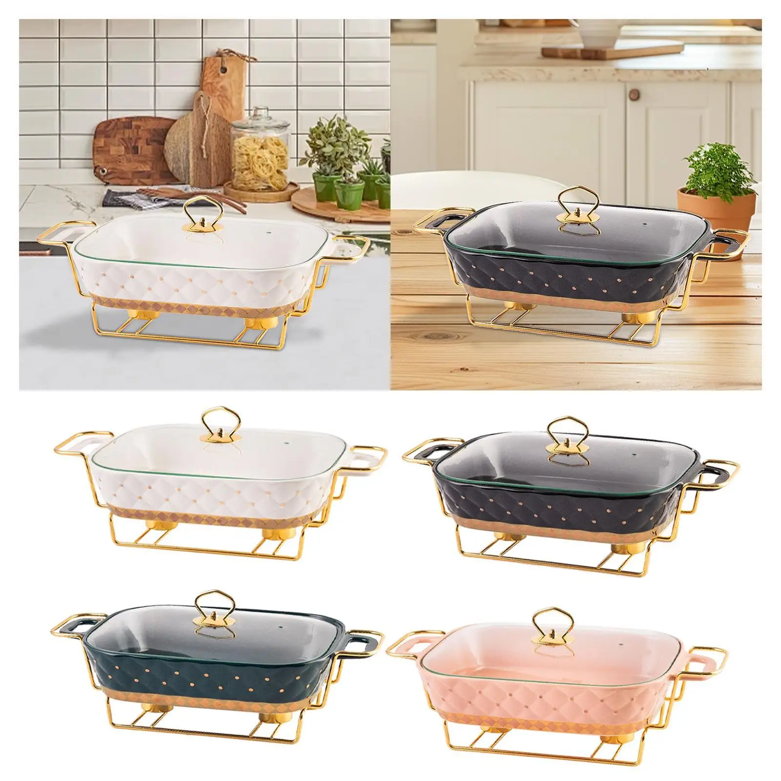 Chafing Dish Clear Lid with Stand Food Plate Buffet Server Ceramic Food Warmer Casserole Tray for Holidays Entertaining Parties