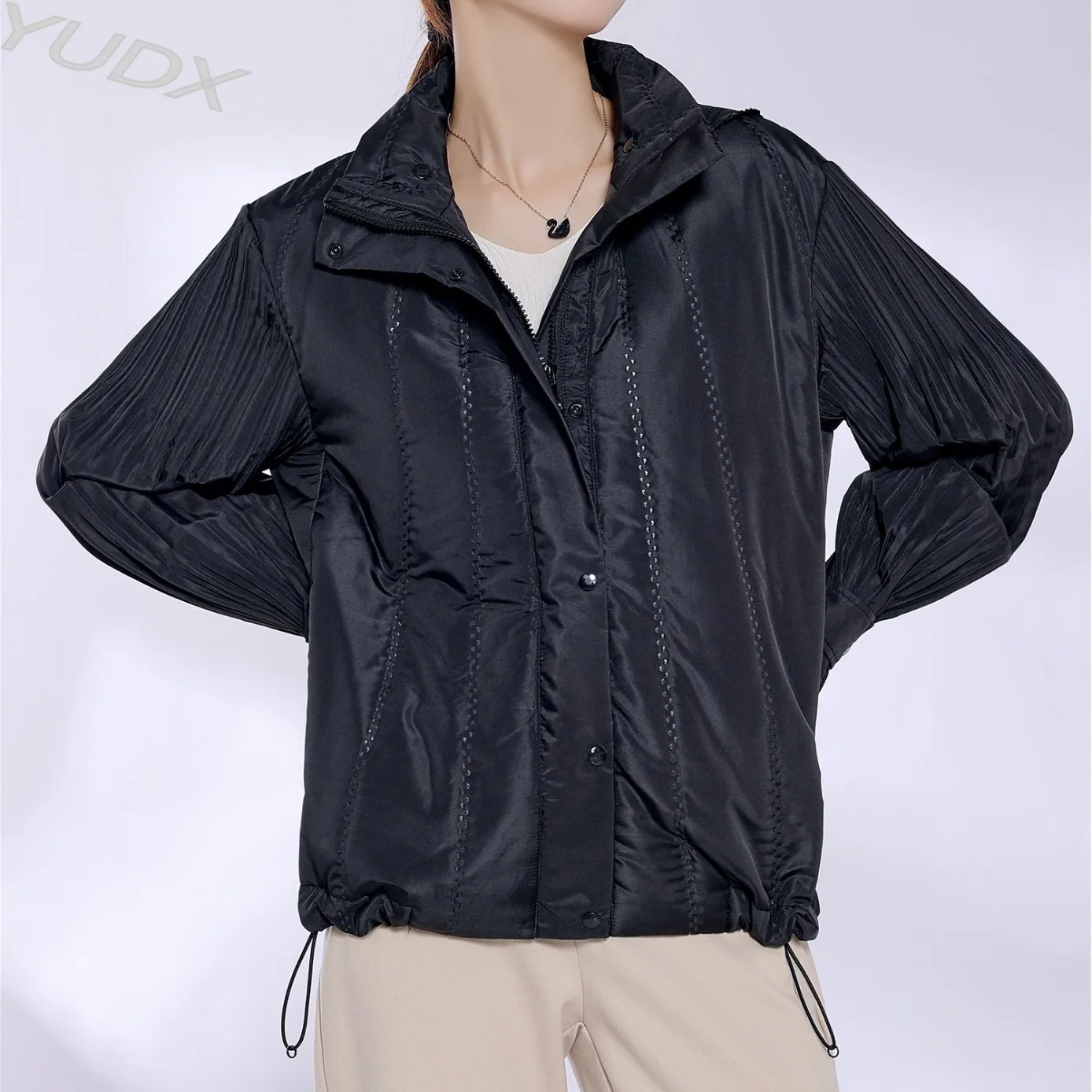 miyake-pleated-short-women's-cotton-jacket-fashion-commuter-jacket-2023-fall-winter-new-simple-versatile-hat-removable-models