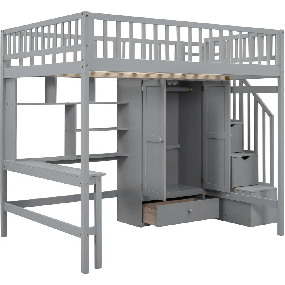 Full Loft Beds Stairway Loft Bed Frame with Wardrobe, Desk, Bookcase and Drawers, Gray Children's Wardrobes 5