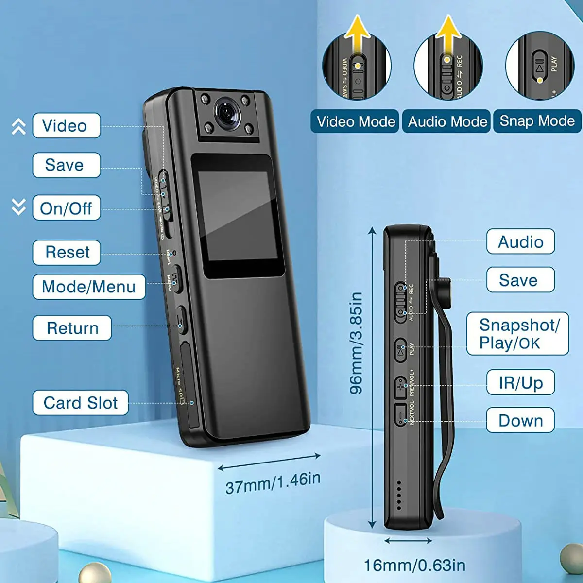 A22 Small Body Worn Camera HD 1080P Camcorder Recording Infrared LCD Screen DVR DV Audio Video Record Support 128GB TF Card