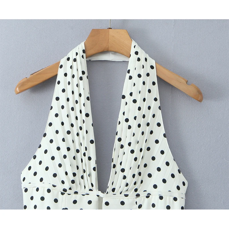 YENKYE French Style Retro Polka Dot Deep V Halter Dress Women Sexy Backless A-line Slim Sweet Elegant Mini Dresses Summer Robe