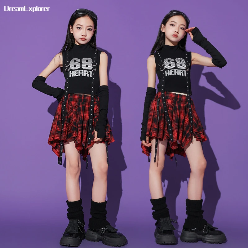 Girls Hip Hop Crop Tank Top Plaid Street Dance Skirt Kids Pleated Skirts Teens Jazz Cool Costumes Child Streetwear Clothes Sets