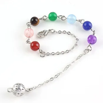 Wholesale 10 Pcs Silver Plated 7 Chakra Crystal Round Stone Beads ReiKi Chakra Pendulum Chain Necklace For Dowsing Divination