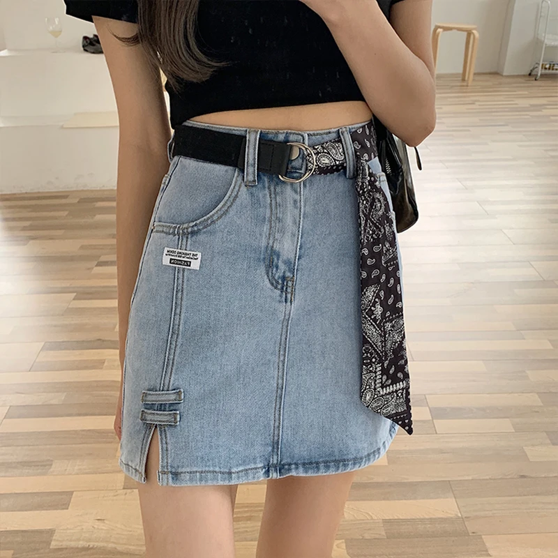 Sexy Denim Skirts Women's Summer 2021 Korean Style Blue Jeans Skirt Split High Waist A-Line Short Skirt with Belt Ins Fashion a line skirt