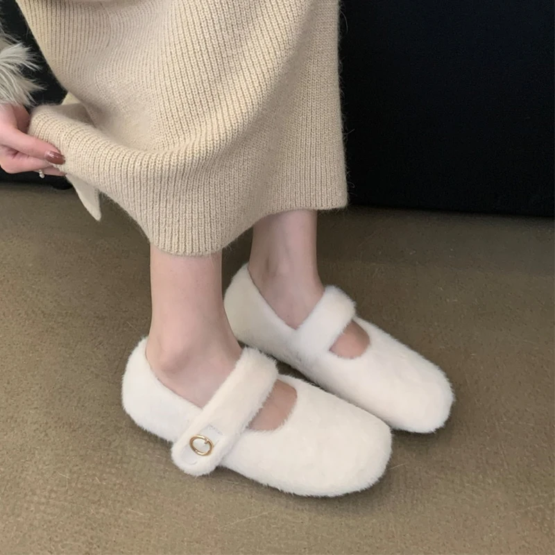 

Winter Women Fur Pumps Warm Mary Jane Platform Hollow Buckle 2024 New Wool Plush Flat Home Cotton Shoes Suede Mules Ladies Shoes