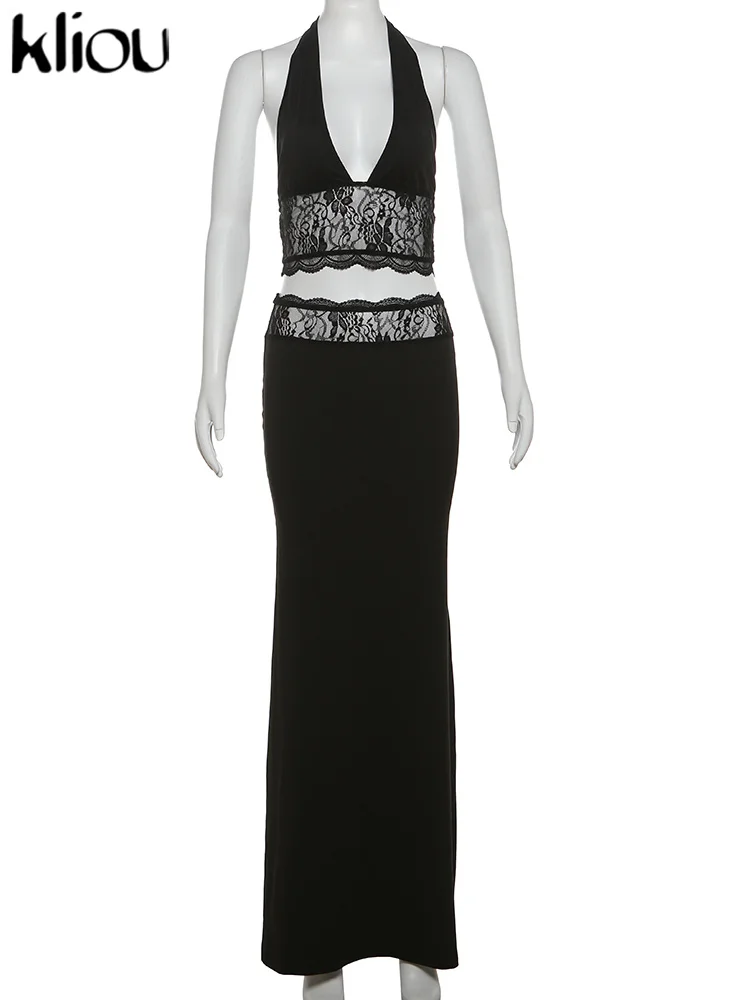 kliou Lace Patchwork Women 2 Piece Set Halter Fashion Backless Sheer V-neck Tanks+Trim Matching Long Skirts Mujer Elegant Suits 6