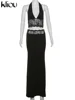 kliou Lace Patchwork Women 2 Piece Set Halter Fashion Backless Sheer V-neck Tanks+Trim Matching Long Skirts Mujer Elegant Suits 6