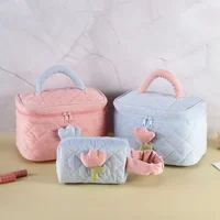 Fashion Women's Tulip Flowers Pouch Large Capacity Travel Cosmetic Bag Corduroy Zipper Bags Portable Storage Make Up Organizer 2