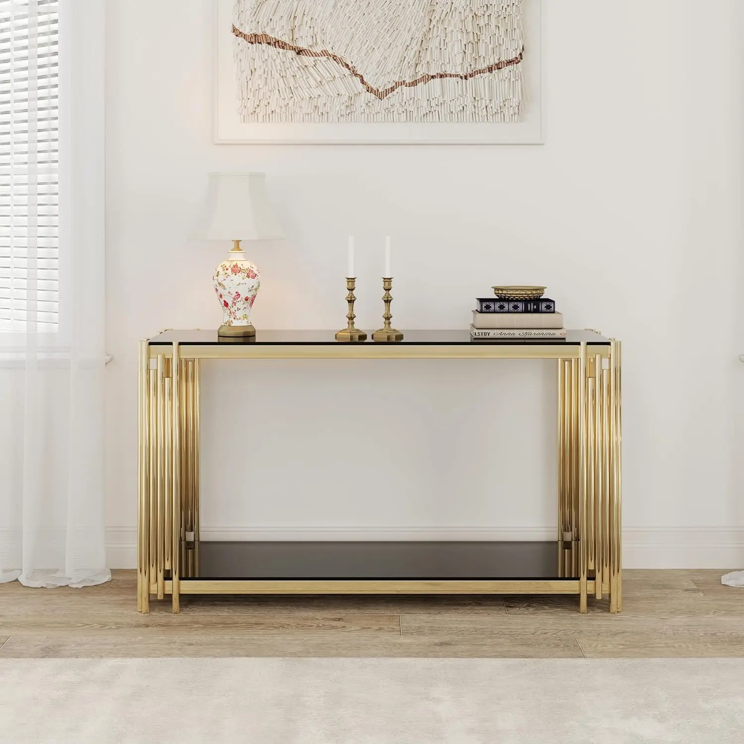 Glass Console Table Modern Black Glass Entryway Tables 2-Tier Luxury Accent Sofa Table with Tempered Top and Golden