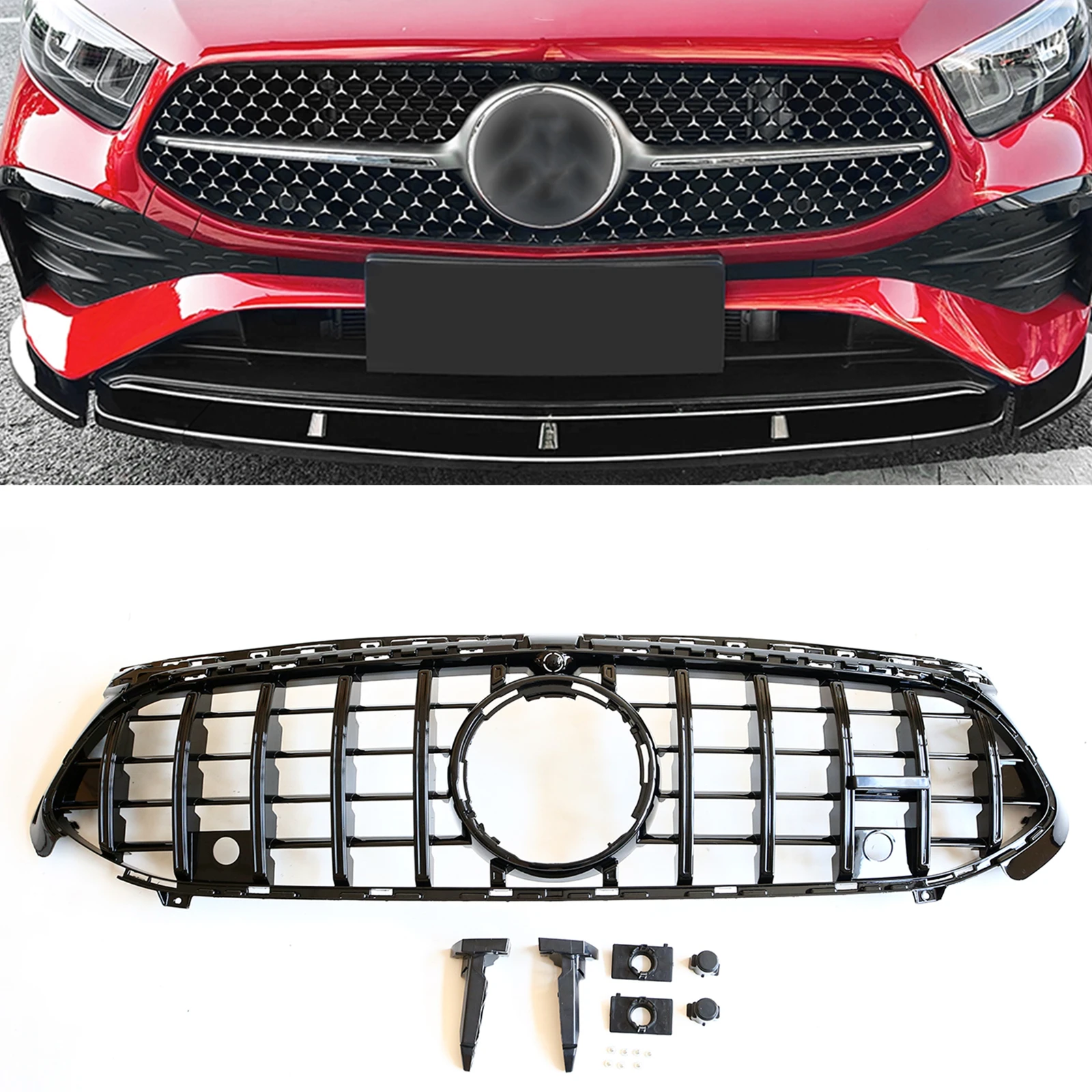 

Front Grille Grill For Mercedes-Benz A Class W177 A180 A200 A35 AMG 2023-2024 GT Style Black/Silver Upper Bumper Hood Mesh Grid