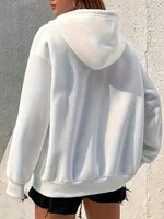 Sweat à capuche pour femme – Cozy marron zippé avec imprimé blanc, sweat-shirt décontracté à manches longues, épaules tombantes, coupe décontractée, hiver W 5