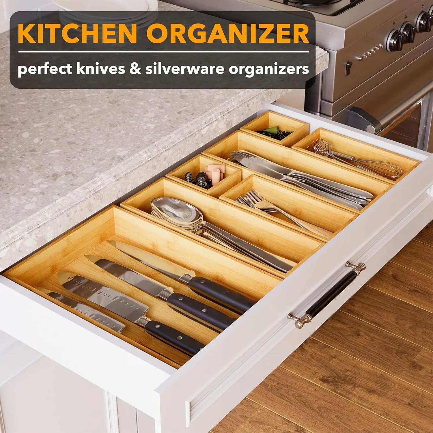 7-Piece Bamboo Drawer Organizer Storage Boxes Set, Wood Tray Junk Drawer Organizers Multi-Use Divider Bins for Kitchen, 4