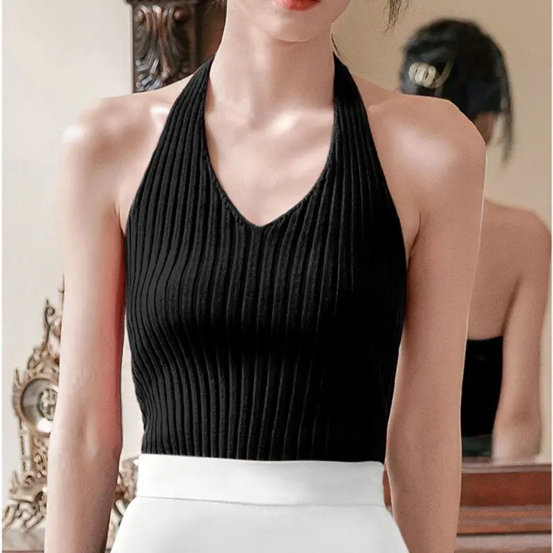 

Sweet Sleeveless Women Tanks Top Summer Slim Fit Halter Sexy V Neck Tops Fashion Expose Navel Short Knitted Camis U04