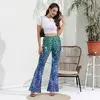 [You're My Secret] Women Mermaid Style Bell Bottom Pants Fish Scale Print Elastic High Waisted Sexy Colorful Shiny Flare Pants 3
