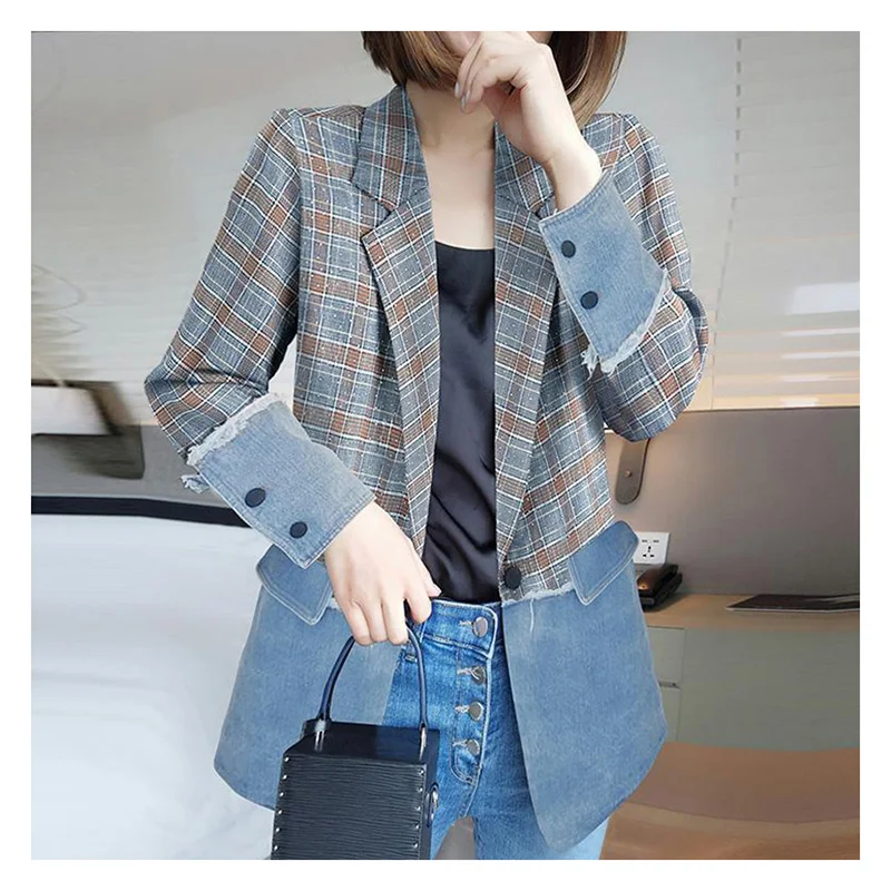 Fashion Lapel Button Spliced Loose Lattice Blazer Female Clothing 2023 Autumn New Casual Tops All-match Office Lady Blazers