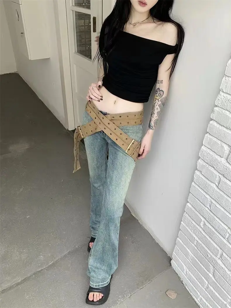 Jeans With Belt Low Rise Fashion Vintage Distressed Jeans For Women Streetwear Denim Straight Leg Jeans Bottom Essential Pants