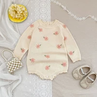 Barboteuse tricotée pour bébé fille de 0 à 2 ans, broderie florale, col à volants, manches longues, combinaison pour enfant en bas âge, printemps-automne 4