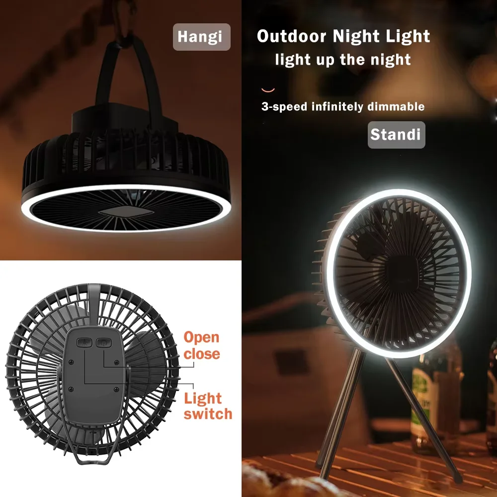 10000mAh 4000mAh Camping Fan Rechargeable Desktop Portable Circulator Wireless Ceiling Fan with Power Bank LED Lighting Tripod