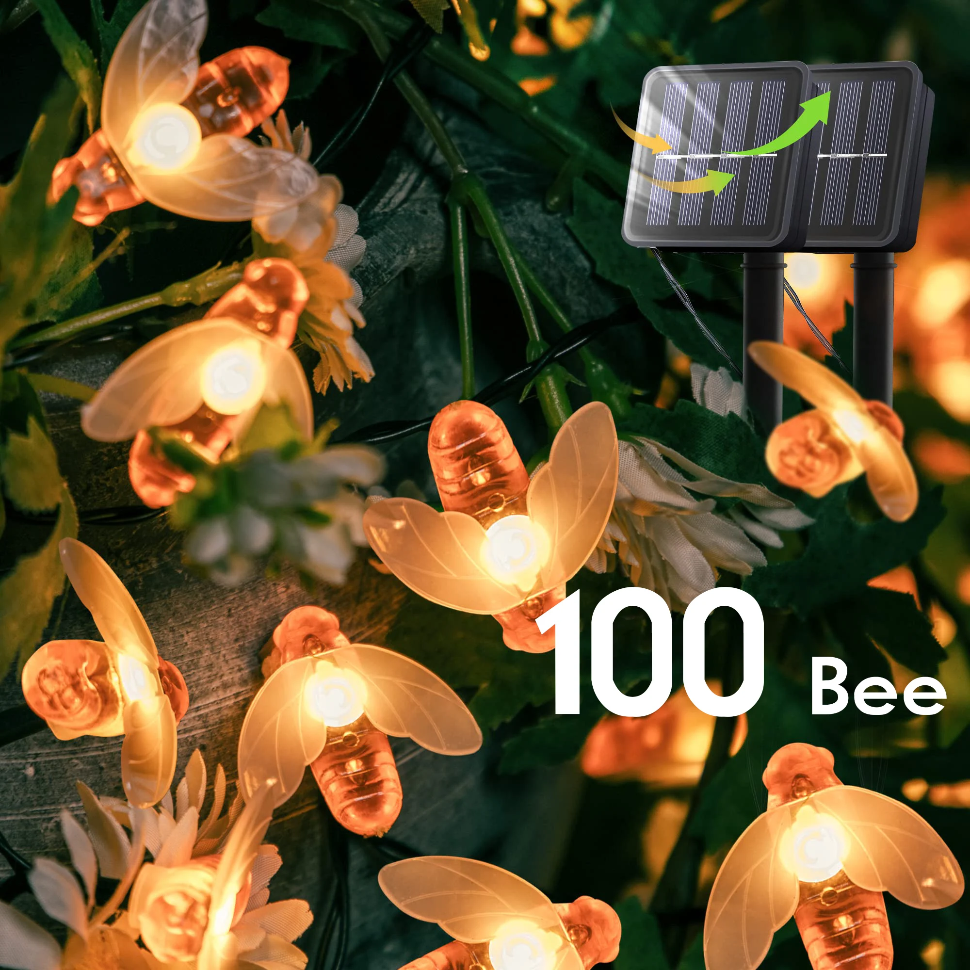AlliLit 100LED Solar Bee String Lamp Outdoor Fairy Light Tree Chritmas Garland 8 Modes Waterproof Patio Garden Party Decor