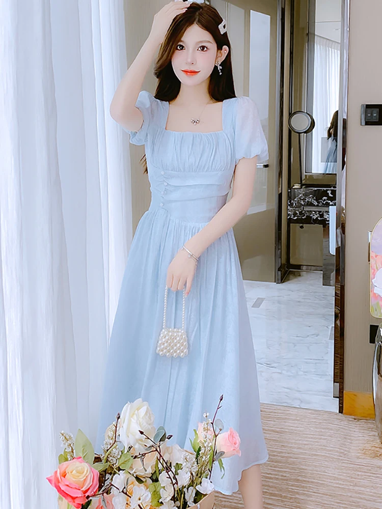 Blue Chiffon Summer Short Sleeve Square Collar Dress Women