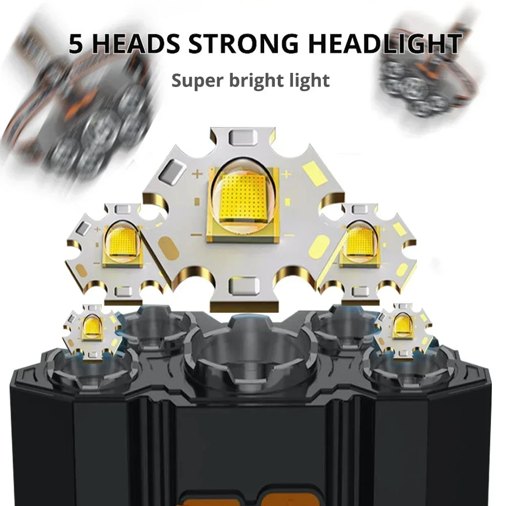 5 LED Head Flashlight USB Rechargeable Outdoor Powerful Waterproof Camping Fishing Adventure Head Lamp head flashlight cob headlamp