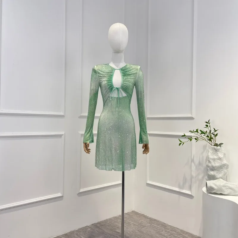

New Arrival Women Top Quality Luxury Light Green Cut Out Waist Long Sleeve Front Lace-up Woman Mini Dress Spring Summer