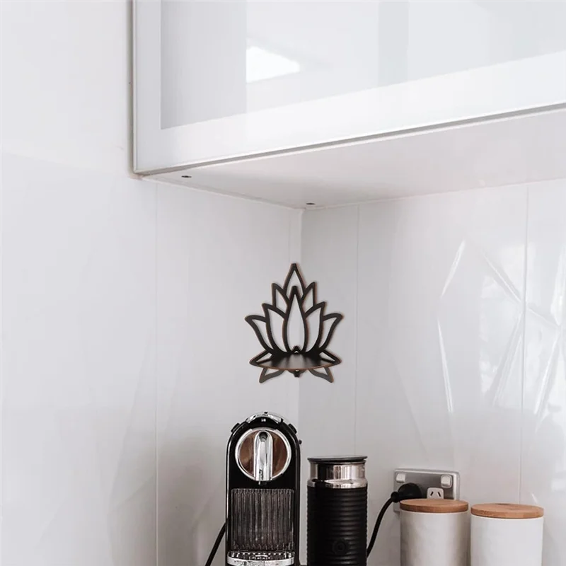 A18R -Lotus Corner Shelf Wooden Wall Mount Floating Shelf Decorative Flower Plant Display Shelf For Bedroom Book Room Decor