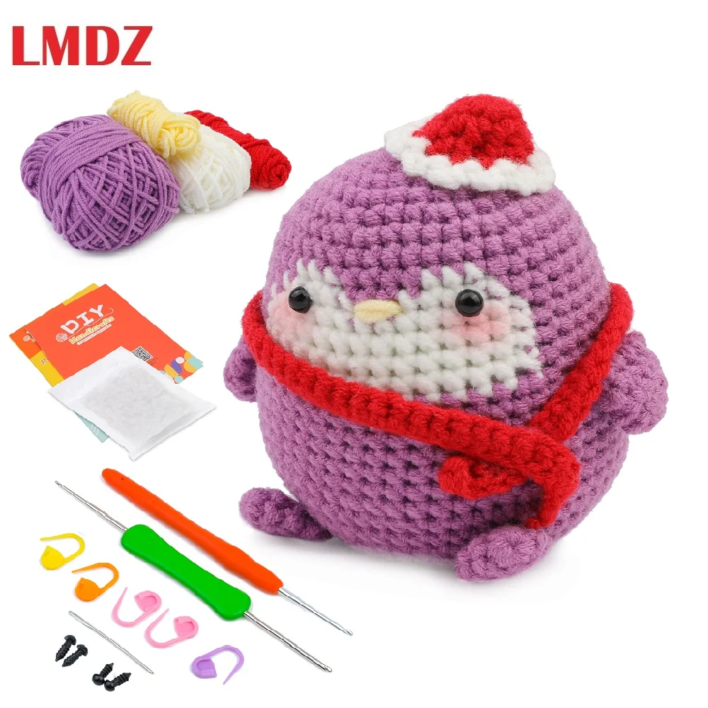 LMDZ Purple Penguin DIY Animal Beginners Kniting Kit for Adults and Kids with Crochet Accessories and Instructions