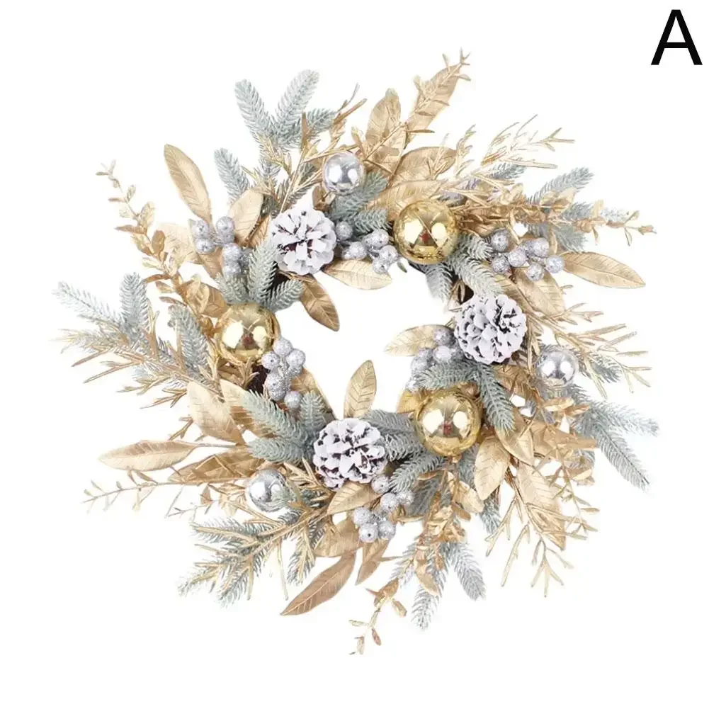 thumbnail image 1 of Corona navideña para puerta de entrada, cono de pino plateado y dorado, para colgar en la nieve, para fiestas, con agujas de escarcha y ratán, decoración para puerta, bola de pino, rata I8O0, 1 of 5